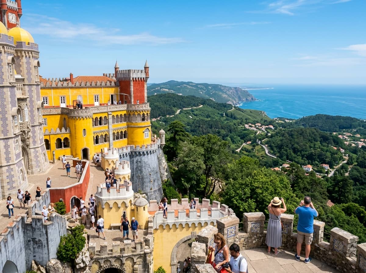 Panoramic terrace view of Pena Palace and the Sintra coastline