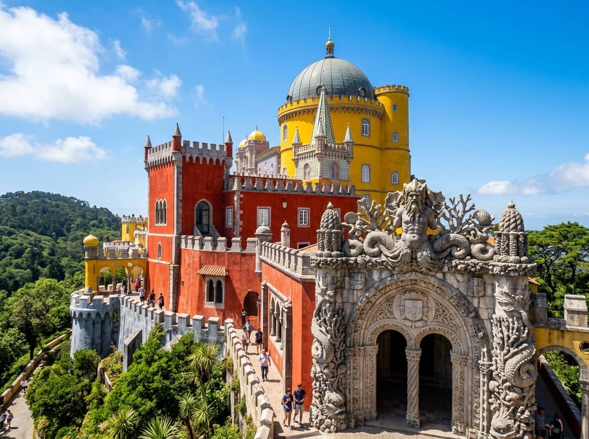 Colorful red and yellow towers of Pena Palace against a blue sky in Sintra