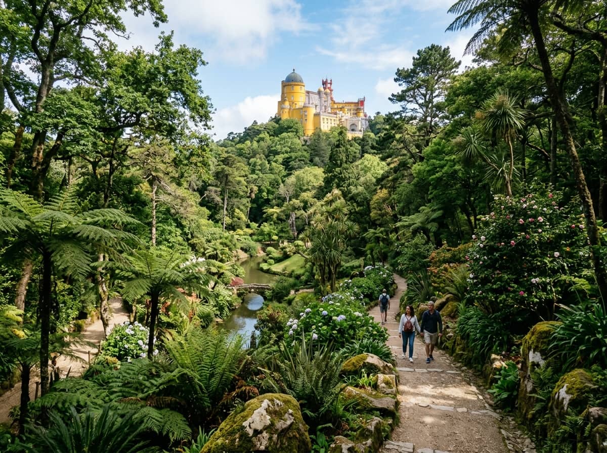 Winding forest path through Pena Park's romantic gardens in Sintra