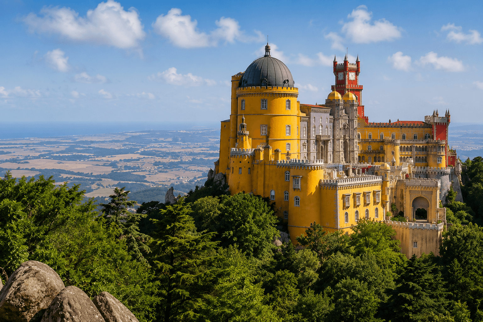 Pena Palace in Sintra, Portugal, surrounded by the lush green landscape of Pena Park.